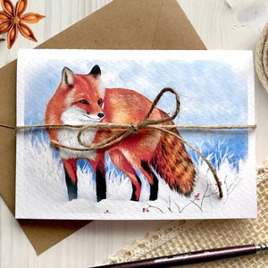 Biglietto d'auguri volpe neve animali selvatici fauna selvatica carta pieghevole carta da acquerello A6 stampa pittura acrilica