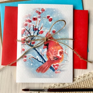 Carte de voeux Branche de cardinal rouge avec baies rouges Neige Hiver Aquarelle Papier Carte pliante Peinture acrylique Impression