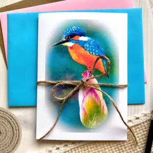 Grußkarte Eisvogel Kingfisher Lotusblüte Fotorealistisch  Aquarellpapier Klappkarte Acryl Malerei Print