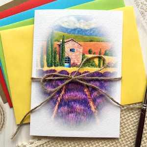 Carte de vœux Maison dans un champ de lavande Paysage d'été Impression sur papier aquarelle