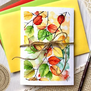 Carte de voeux branche feuilles d'automne peinture aquarelle peinture originale