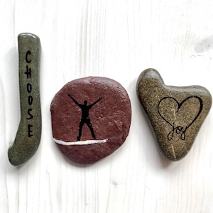 Choose JOY, stone letters, silhouette painting, set of 3 natural stones pebbles to give away JOY!