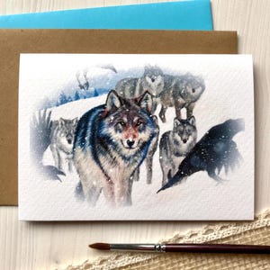 Biglietto d'auguri invernale Lupi e corvi Neve Fauna selvatica Foresta Paesaggio invernale Stampa