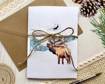 Carte de vœux d’hiver carte d’art cerf rugissant paysage d’hiver paysage de montagne boisé carte pliante art imprimé peint à la main comme cadeau