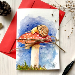 Grußkarte roter Fliegenpilz Schnecke Aquarell Malerei Original