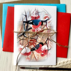 Carte de vœux Bouvreuil Sorbier Arbre aux baies rouges Carte pliante en papier aquarelle Peinture acrylique Impression