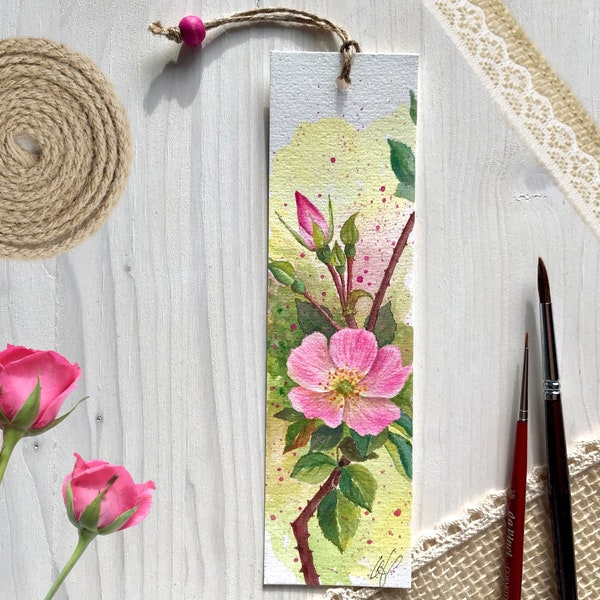 Lesezeichen rosa Hagebutten-Rose Wildrose Knospen handgemalt original Aquarell