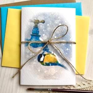 Carte de vœux Mésange charbonnière Robinet d'eau Neige Hiver Aquarelle Carte pliante en papier Peinture acrylique Impression