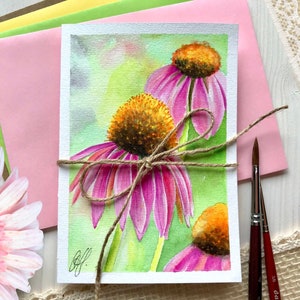 Grußkarte Sonnenhüte Igelköpfe Echinacea Blumen Aquarell Malerei Original Gemälde