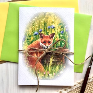 Biglietto d'auguri volpe fiori foresta fauna selvatica carta pieghevole carta da acquerello A6 stampa pittura acrilica