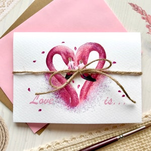 Tarjeta de felicitación romántica con diseño de flamenco rosa, corazón, amantes, elegante tarjeta plegable con diseño de pájaro, regalo artístico pintado a mano