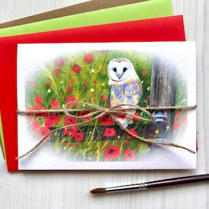 Carte de vœux hibou champ de coquelicots paysage d'été fleurs de pavot rouge papier aquarelle imprimer