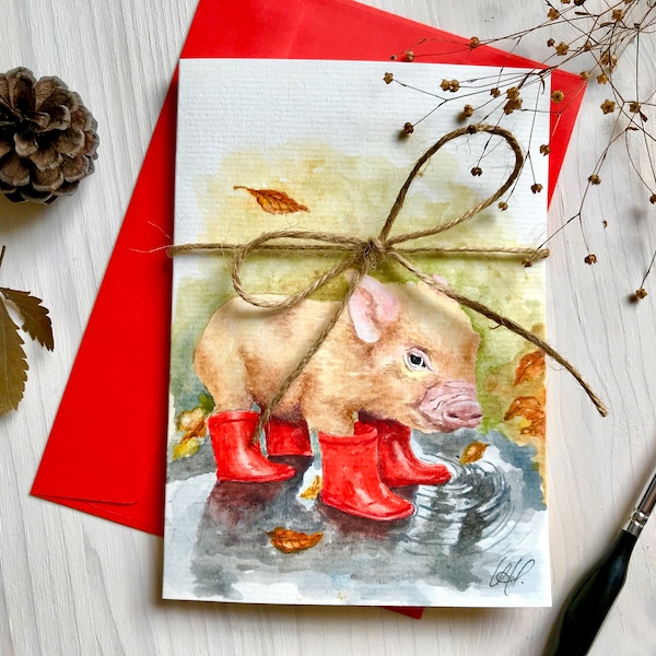 Grußkarte Ferkel in roten Regenstiefeln Schweinchen Gummistiefel Aquarell Malerei Original