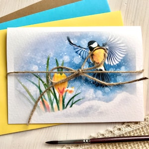Carte de vœux Mésange charbonnière Crocus jaunes Fleurs de printemps Carte pliante en papier aquarelle Peinture acrylique Impression