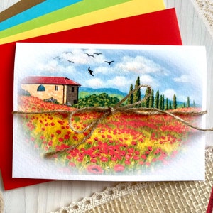 Carte de voeux Maison dans un champ de coquelicots Paysage d'été en Toscane Fleurs de pavot rouges Impression sur papier aquarelle