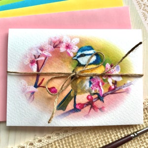 Biglietto di auguri Cinciarella Ramo fiorito Fiori primaverili Carta per acquerello Biglietto pieghevole Stampa pittura acrilica