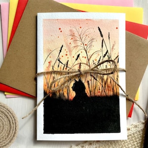 Grußkarte Katze Silhouette Sonnenuntergang Aquarell Malerei Original Gemälde