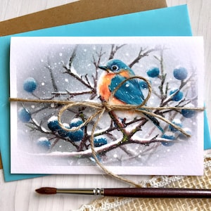 Carte de vœux Merlebleu à gorge bleue Branche de prunellier Baies bleues Neige Hiver Aquarelle Papier Carte pliante Imprimer