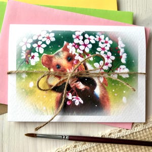 Biglietto di auguri Campo Criceto Fiori di primavera Fiori di ciliegio Fauna selvatica primaverile Carta per acquerello Stampa