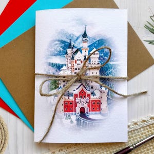Grußkarte Neuschwanstein Kunstkarte Print Winter Landschaft Berge Schloss