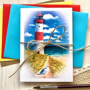 Biglietto d'auguri gabbiani costa del Mare del Nord faro mare acquerello carta biglietto pieghevole pittura acrilica stampa