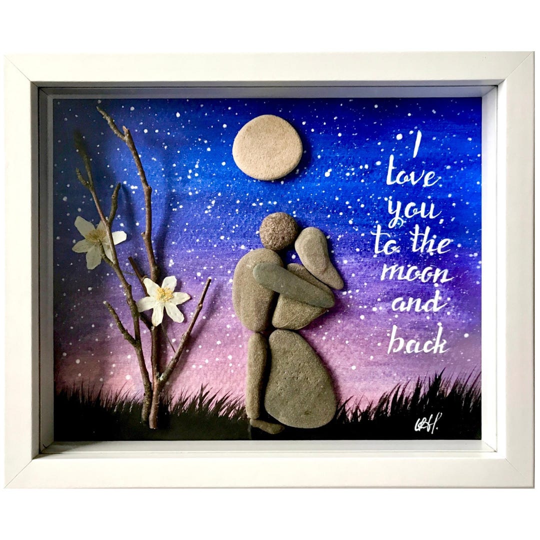 Stone Painting of a Couple in Love, a Blossoming Tree, a Full Moon ...