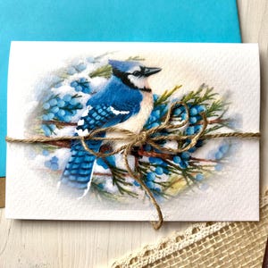Carte de vœux geai bleu baies bleues neige hiver papier aquarelle carte pliante peinture acrylique impression