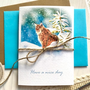 Carte de voeux Lynx Neige Soleil Hiver Papier aquarelle photoréaliste, passez une bonne journée, Imprimer