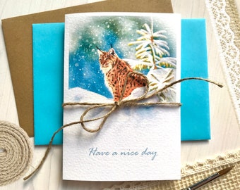 Greeting card lynx snow sunshine winter photorealistic watercolor paper, have a nice day, print