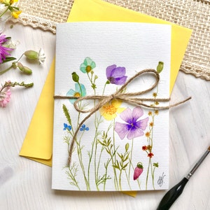 Biglietto di auguri fiori di campo colorato dipinto ad acquerello originale