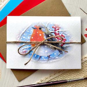 Carte de vœux robin baies rouges neige hiver papier aquarelle carte pliante peinture acrylique impression