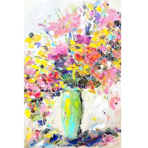Flower Painting Floral Original Art Abstract Oil Impasto Artwork Bouquet Wildflower Colorful Textured Meadow White Modern Art on Canvas