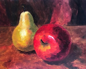Apple Painting Fruit Original Art Pear Oil Wall Art Still Life Cottagecore Brown Red Apple Food Art 10 by 14” by AnaGraceArtShop