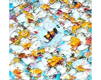 Impasto Bee Painting: Daisy Flower, Small Floral Meadow Art