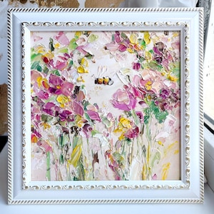 Bee Painting Honey Bee Original Art Pink Flower Artwork Honeybee Colorful Wall Art Bumblebee Oil Impasto Floral Art Meadow Kids room Framed