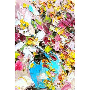 Floral Painting Abstract Flower Original Art Small Pink Pink Colorful Art Palette Knife Impasto Oil Painting Textured Mini Botanical