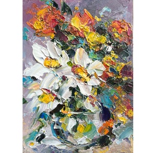 Blume Malerei Abstrakte Blume Original Art Kleine Gelb Botanische Wand Kunst Palettenmesser Impasto Ölgemälde Weiß Orange Blumenstrauß