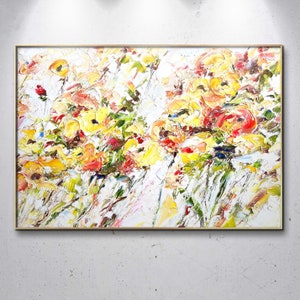 Floral Painting Flower Original Art Yellow Meadow Oil Impasto Artwork Wildflower Wall Art Palette Knife Textured On Canvas