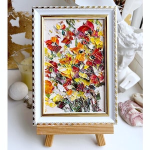 Blumen Malerei Abstrakte Blumen Originalkunst kleine Orange Wiese Wandkunst Palettenmesser Impasto Öl Bunt Strukturiert Mini 3d Gerahmt