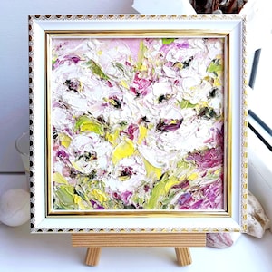 Floral Painting Abstract Flower Original Art Small White Rose Artwork Oil Impasto Wall Art Palette Knife Textured Modern Pink Meadow Framed