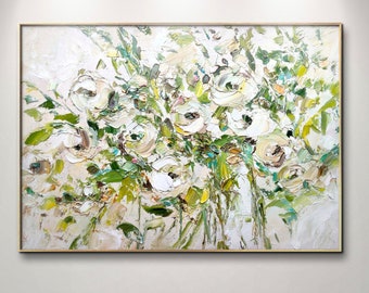 Blumengemälde, florale Originalkunst, abstrakte Rose, pastoses Kunstwerk, Öl, strukturiert, Beige, Wiesenlicht, Beige, Grün, Wandkunst