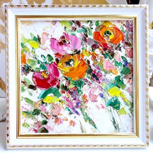 Blumen Malerei Floral Original Kunst Orange Wildblumen Wand Kunst Kunstwerk Palettenmesser Impasto Öl Strukturierte Rosa Wiese Abstrakte Gerahmt
