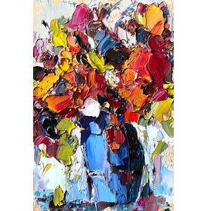 Poppy painting Flower original art red Orange poppies artwork Oil impasto textured painting floral in blue vase small mini art on paper