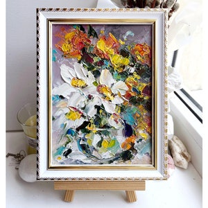 Flower Painting Abstract Flower Original Art Small Yellow Botanic Wall Art Palette Knife Impasto Oil Painting Textured Orange Cottagecore