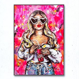 Woman Painting Pink Girl Original Art Barbiecore Colorful Wall Art Feminist painting Bright Neon Artwork Sexy Contemporary On Canvas Pop Art