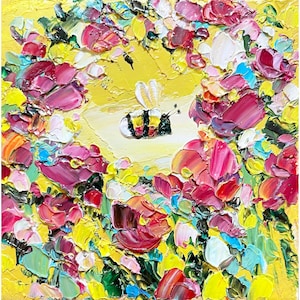 Bee Painting Honey Bee Original Art Pink Rose Flower Artwork Mini Honeybee Colorful Wall Art Bumblebee Oil Impasto Grey Small Floral Art