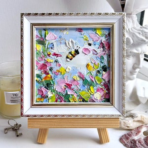 Bee Painting Honey Bee Original Art Flower Artwork Mini Honeybee Colorful Wall Art Bumblebee Oil Impasto Small Pink Floral Art Painting 3d