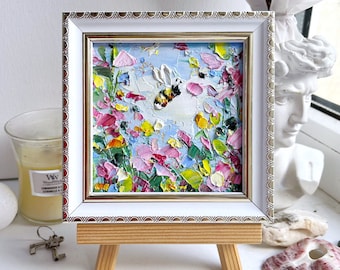 Bee Painting Honey Bee Original Art Flower Artwork Mini Honeybee Colorful Wall Art Bumblebee Oil Impasto Small Pink Floral Art Painting 3d