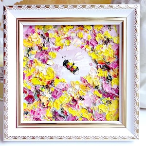 Bee Painting Bumblebee Original Art Yellow Flower Artwork Mini Oil Impasto Colorful Sweet Honeybee Small Pink Floral Art Nursery Kids Girls