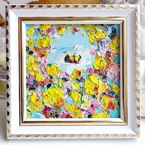 Bee Painting Honey Bee Original Art Yellow Flower Artwork Honeybee Colorful Art Bumblebee Oil Impasto Small Floral Mini Meadow Wildflower